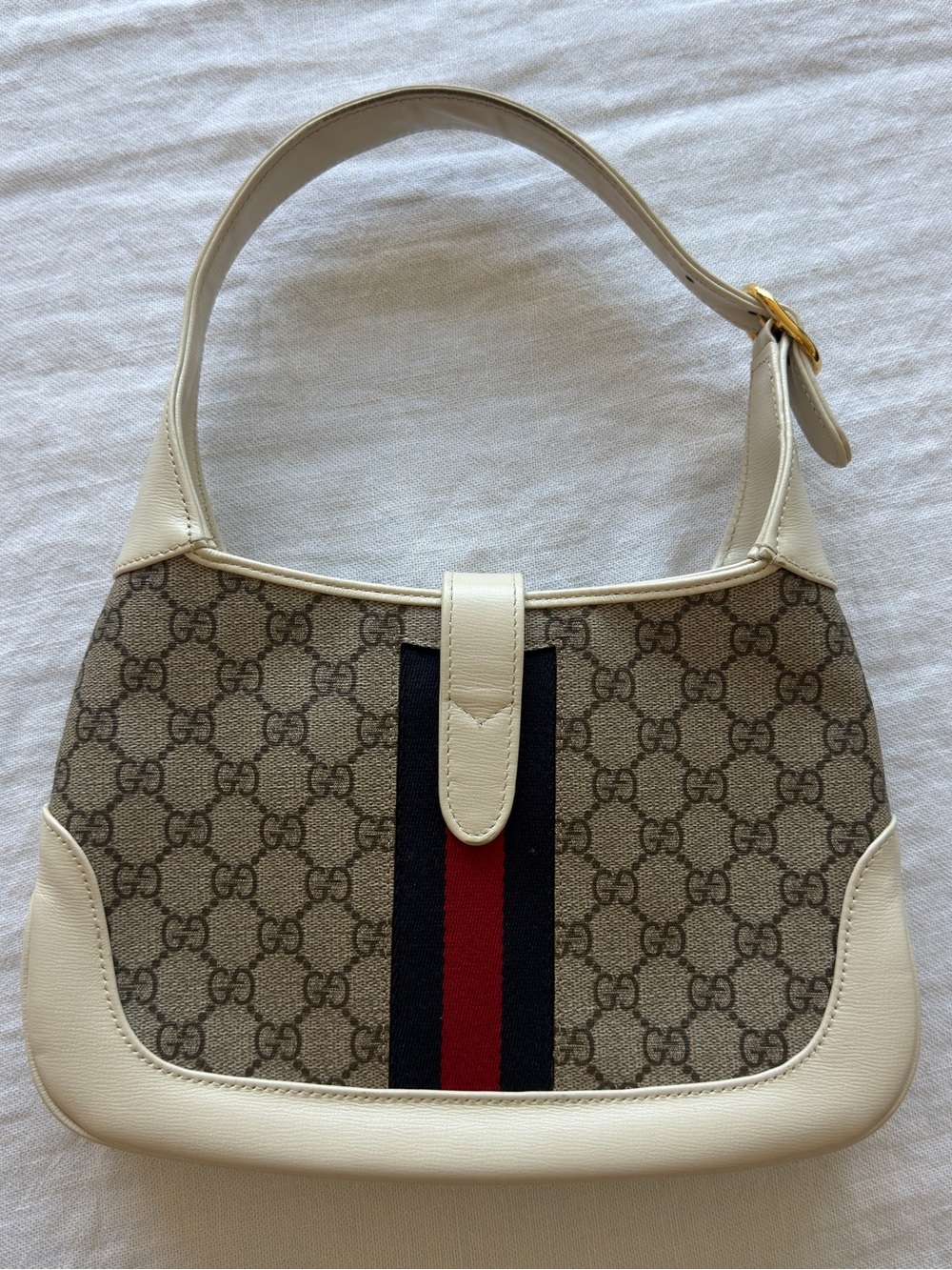 Gucci GG Canvas Shoulder Bag with Cream Leather and Red-Blue Web - Picture 2 of 8